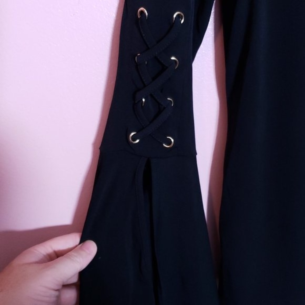 Thalia Sodi Black Bell Sleeve Laced Grommet Top Small Keyhole Dressy Chic Blouse - Picture 2 of 6